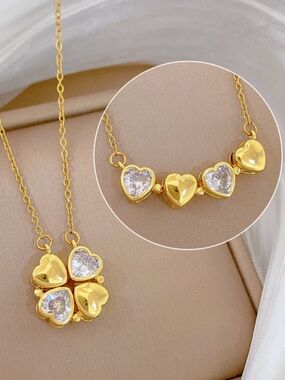 Four Crystal and Polished Gold Hearts Convertible Necklace-NWT